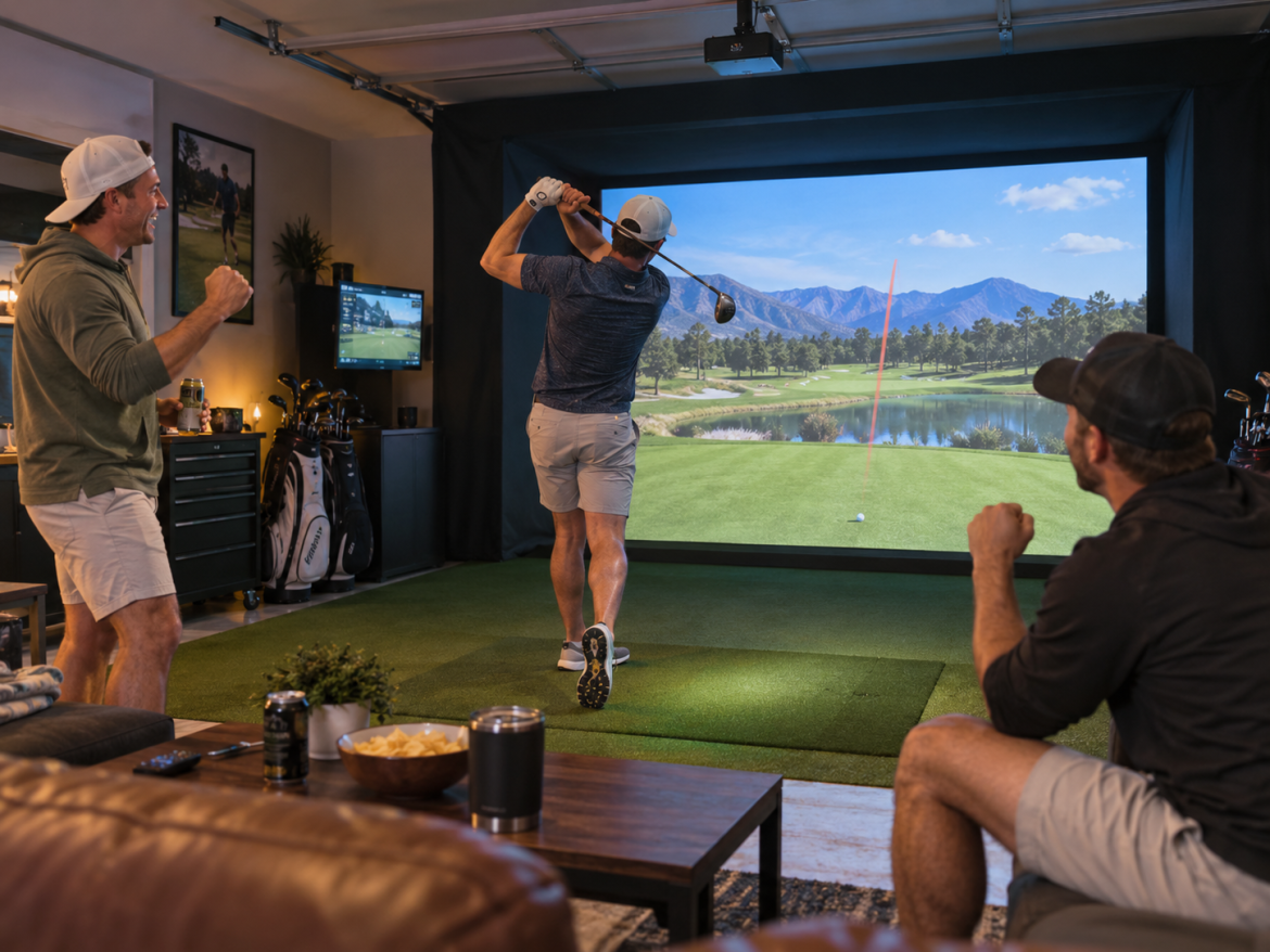 More Than a Simulator: What Makes a Great Indoor Golf Experience? Three Guys Having Fun Playing Indoor Golf at Home